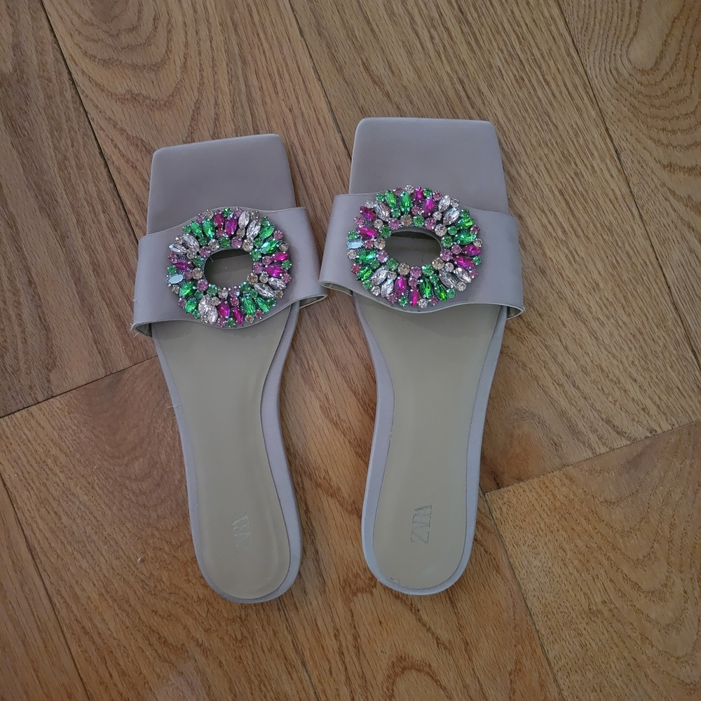 Zara Gray Sandals with Colorful Embellishments